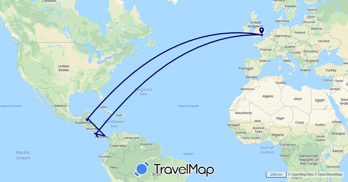 TravelMap itinerary: driving in Belize, Costa Rica, United Kingdom, Panama, United States (Europe, North America)